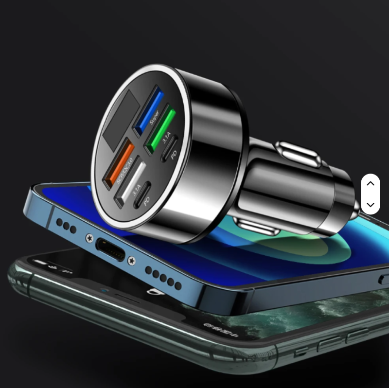 100W 6-in-1 Multi-Port Car Charger – Super Fast Charging with Digital Display for Mobile Phones & Devices - Image 3